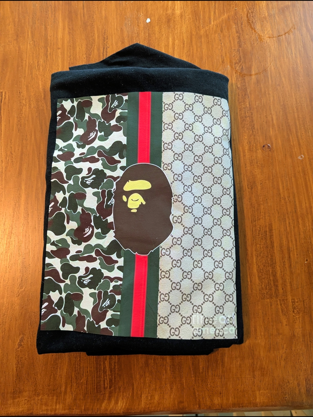 Bape Black Hoodie with Green/Brown Camo & Red Stripe